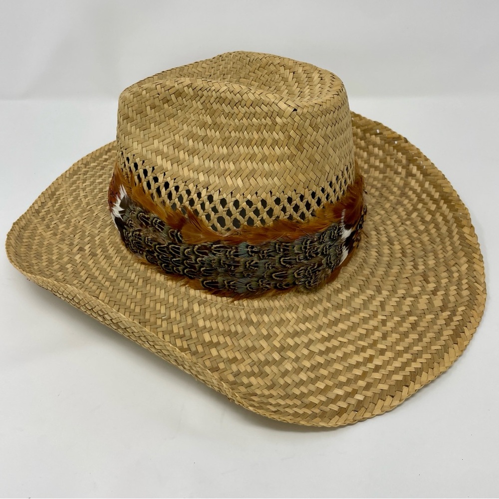 Western straw cowboy hat feather band woven natural fiber